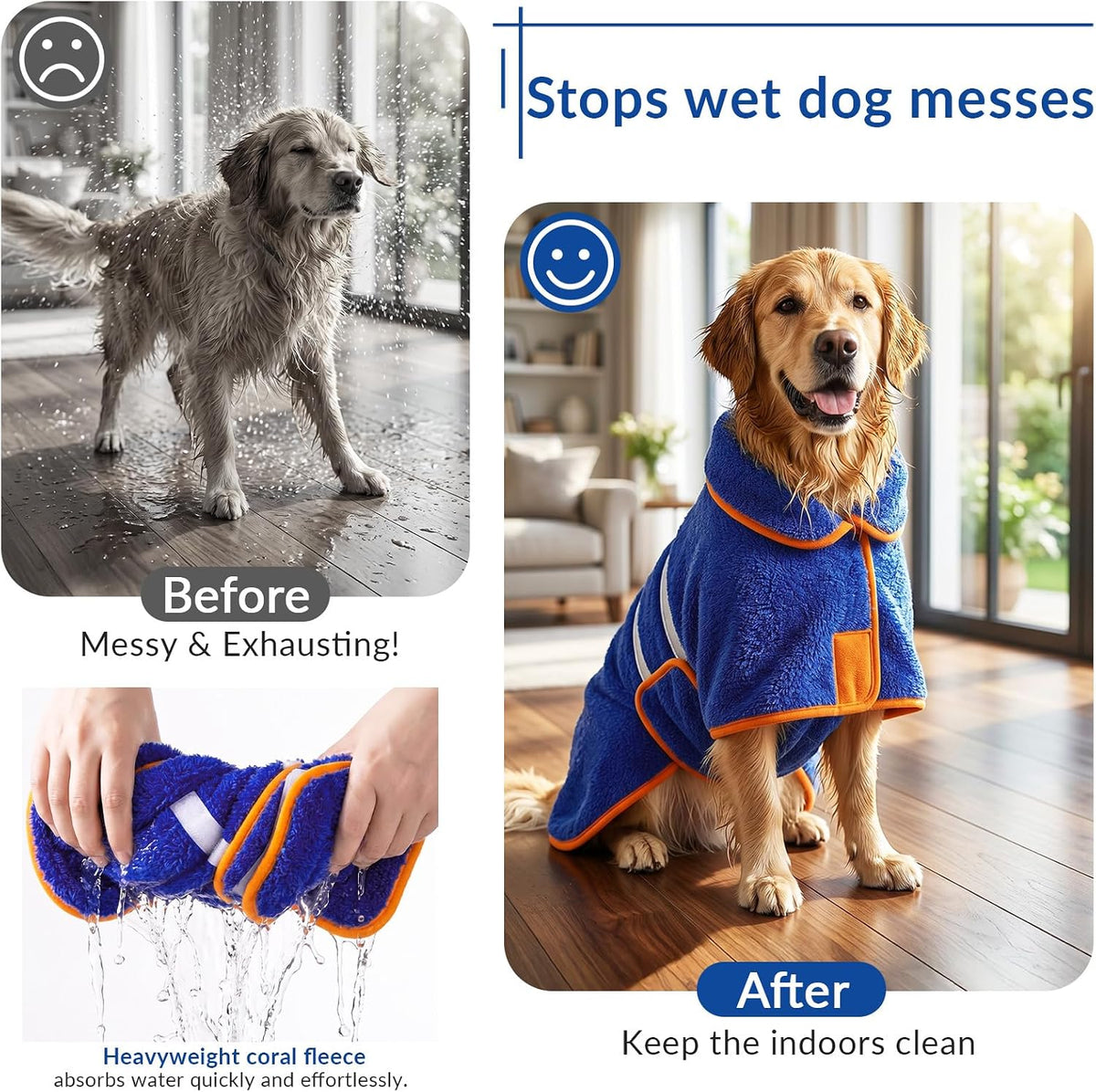 Bienbee Dog Bathrobe, Quick Drying Super Absorbent Pet Robes for Small Medium Large Dogs, Drying Coat for After Bath & Swim, Warm & Cozy Dogs Towels, Dog Puppy Bath Supplies, Dark Blue-M