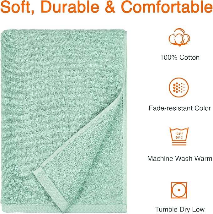 Basics 100 Cotton Quick-Dry Lightweight Moisture Absorbing Bath Towel, 2-Pack, Seafoam Green, 54" x 30"