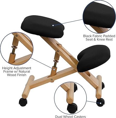 Flash Furniture Posey Mobile Wooden Kneeling Office Chair for Improved Posture, Height-Adjustable Ergonomic Office Kneeling Chair, NaturalBlack