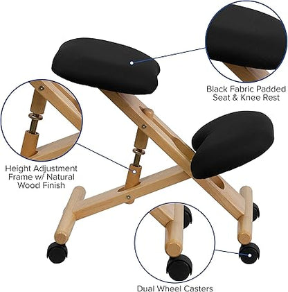 Flash Furniture Posey Mobile Wooden Kneeling Office Chair for Improved Posture, Height-Adjustable Ergonomic Office Kneeling Chair, NaturalBlack