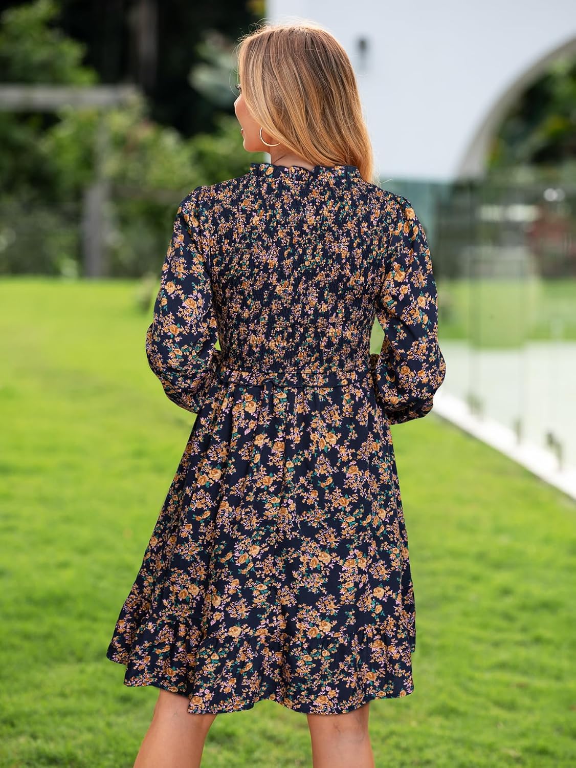 Simplee Womens 2026 Fall Wedding Guest Dress Floral Long Sleeve Smocked Flowy Casual Short Dresses with Pockets
