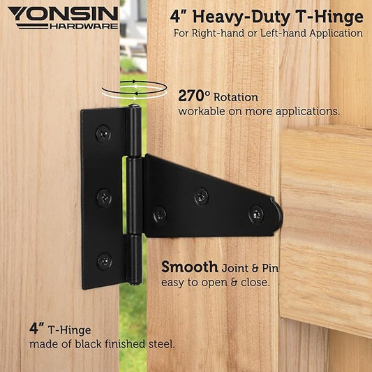 4" T-Strap Shed Door Hinges 2Pcs, Heavy Duty Black Tee Hings for Wooden Fence Gate, Outdoor T Hinges Barn Door Gate Hinges Hardware, Wrought Hinges Hardware, Thickness 2mm