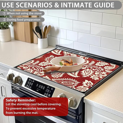 Decorative Electric Stove Cover - Red Indian Floral Design, Non-Slip Heat Resistant Protector for Smooth/Glass Top Stoves, Fits 28.5'' x 20.5'' (Not for Gas or Coil)