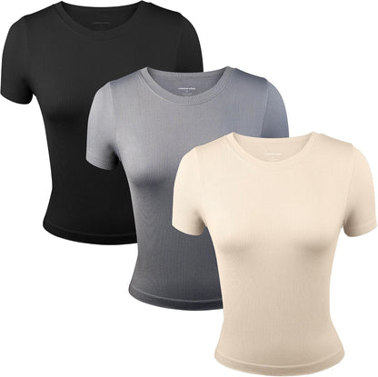 Common Stitch 3 Pack Stretch Workout Tee Shirts for Women, Ribbed Crewneck Womens Short Sleeve Yoga Tees (Available in Plus)