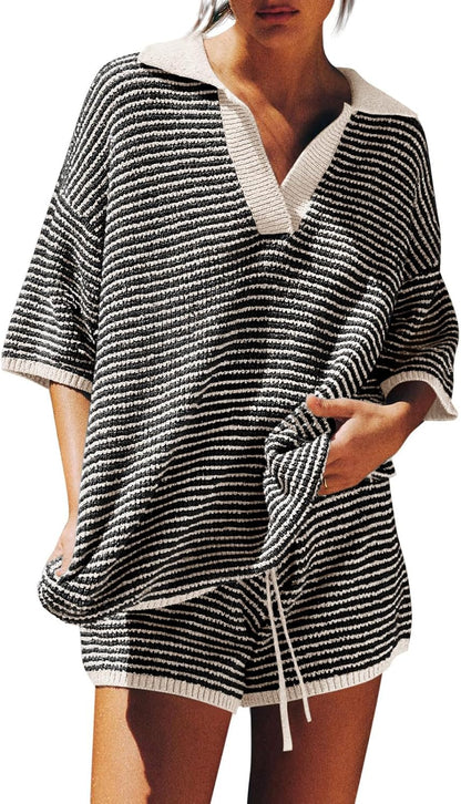 Tankaneo Womens Sweater Set 2 Piece Outfits Oversized 3/4 Sleeve V Neck Knit Tops High Waisted Shorts Lounge Sets