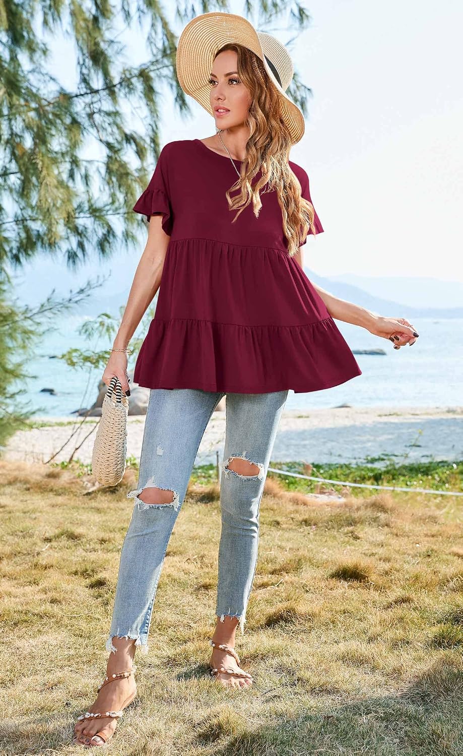 Neineiwu Women's Casual Ruffle Short Sleeve Crewneck Loose Tops Blouses Tunics