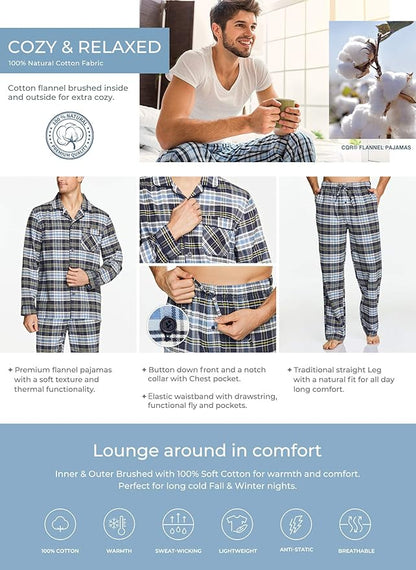 CQR Men's 100% Cotton Plaid Flannel Pajama Set, Brushed Soft Lounge & Sleep PJ Top & Bottom with Pockets