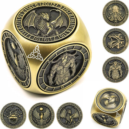DND Spinner Dice, 7 in 1 Unique Metal Dice Set with 3D Relief for Dungeons and Dragons Gifts, Cool Polyhedral Role Playing Game Dice, Fantasy D&D Tabletop RPG Accessories for DM & Player (Bronze)