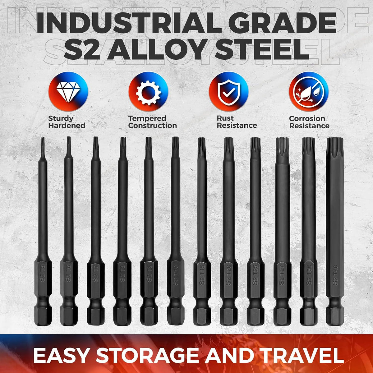 Torx Bit Set, 12-Piece Security S2 Steel Tamper Proof Star with Bit Holder, 3" Long Drill Bit, 1/4" Hex Shanks