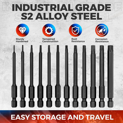Torx Bit Set, 12-Piece Security S2 Steel Tamper Proof Star with Bit Holder, 3" Long Drill Bit, 1/4" Hex Shanks