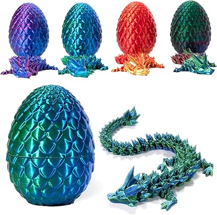 3D Printed Dragon in Egg, Full Articulated Dragon Crystal Dragon with Dragon Egg, Home Office Decor Executive Desk Toys, Adults Fidget Toys for AutismADHD (Laser Green, 12")
