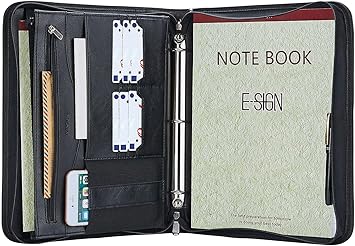 IVESIGN Zippered Padfolio Binder, Faux Leather Organizer with 3-Ring Binder, Left-Handed Design, Business Card Slots  Document Folders - Professional Padfolio for Office (Black)