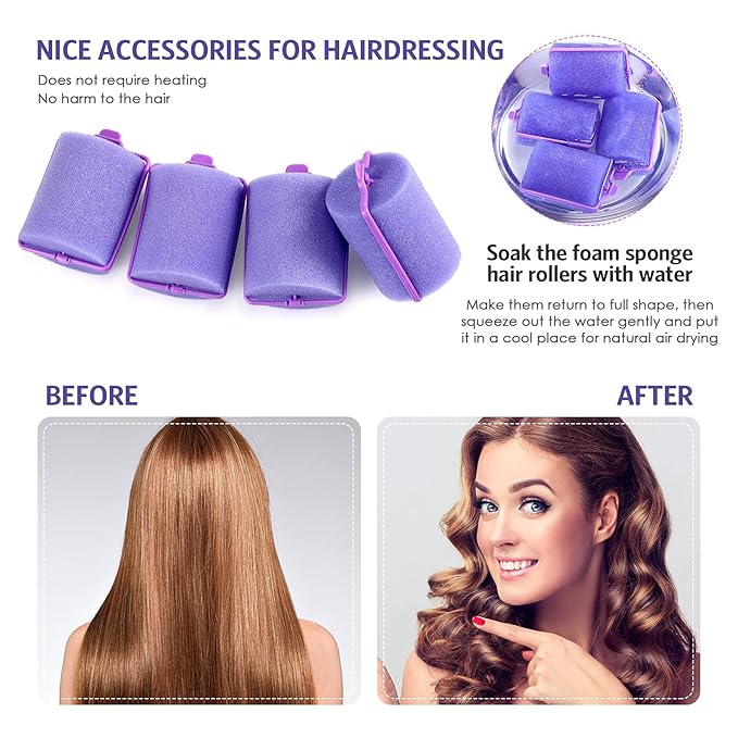 Syhood 12 1.89 Inch Jumbo Foam Sponge Rollers Soft Sleep Curlers Flexible Large Foam Rollers and Rat Tail Comb for Hair Comb (Purple)
