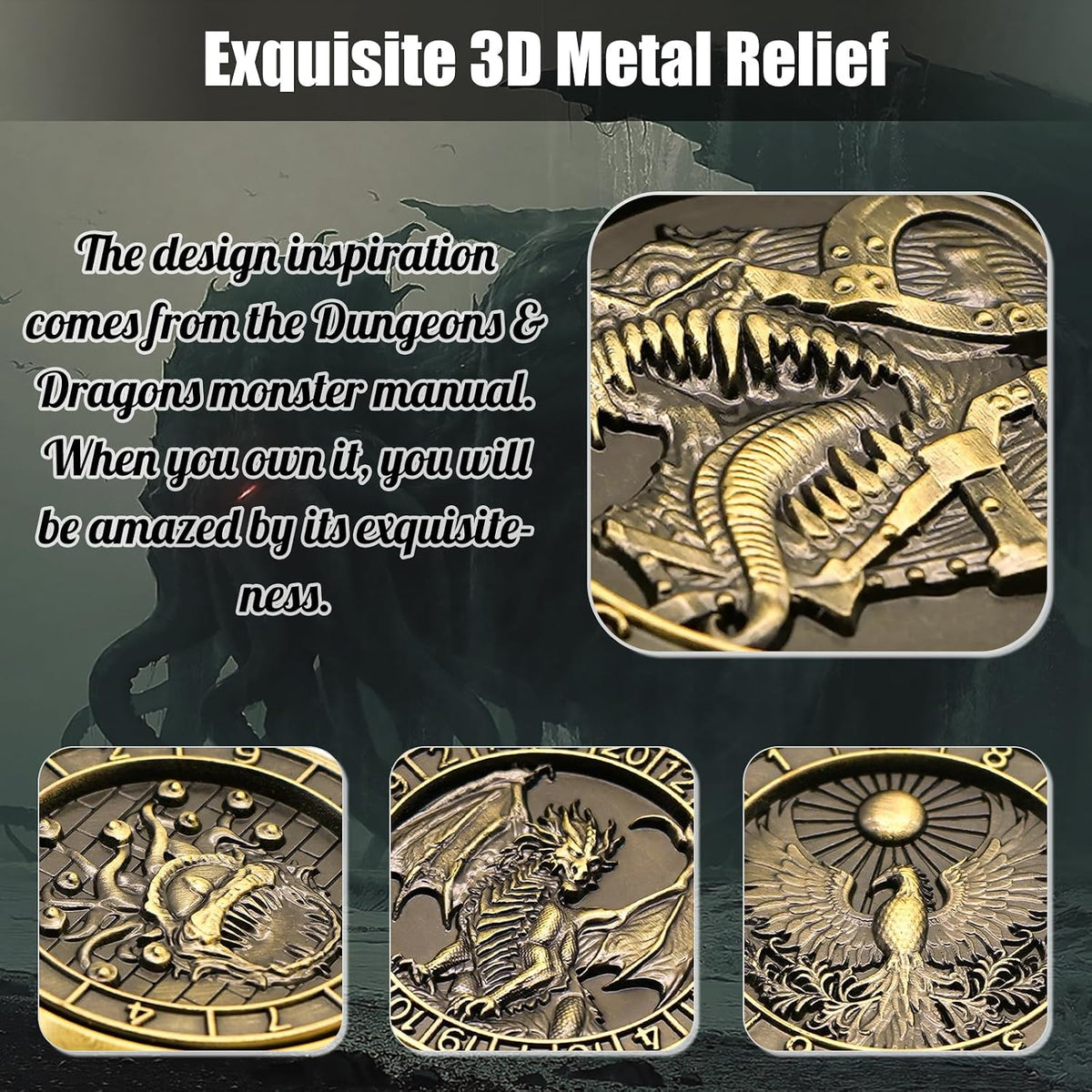 DND Spinner Dice, 7 in 1 Unique Metal Dice Set with 3D Relief for Dungeons and Dragons Gifts, Cool Polyhedral Role Playing Game Dice, Fantasy D&D Tabletop RPG Accessories for DM & Player (Bronze)