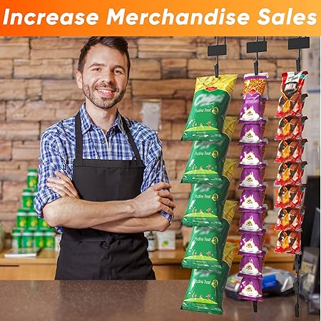 AIWFL 10 Pack Metal Hanging Merchandise Strips with Hooks, 30.7" Snack Rack Chips Bag Holder with 12 Clips, Chip Rack Display Stand with Label Header for Retail Display