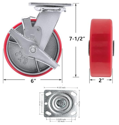 6"X 2" Heavy Duty Casters - Industrial Casters Polyurethane Caster with Strong Load-Bearing Capacity 5000 LB, Heavy Duty casters Set of 4, Widely Used in Furniture,WorkBrench,Tool Box (2BRAKE,2RIGID)