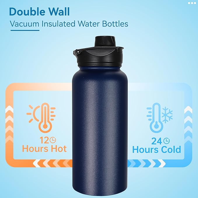 32 oz Insulated Water Bottle Stainless Steel Metal Water Bottles with Leak Proof Straw Lid & Spout Lid, Wide Mouth Double Walled Vacuum Travel Sports Bottle, Navy Blue
