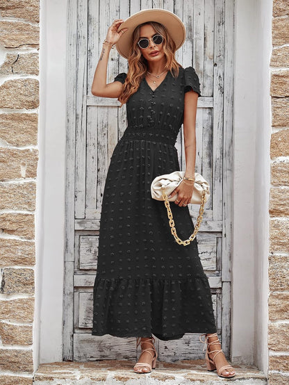 PRETTYGARDEN Womens Dresses 2026 Summer Maxi Dress Boho Short Sleeve V Neck Swiss Dot Ruffle Tiered Smocked Flowy Long Dress