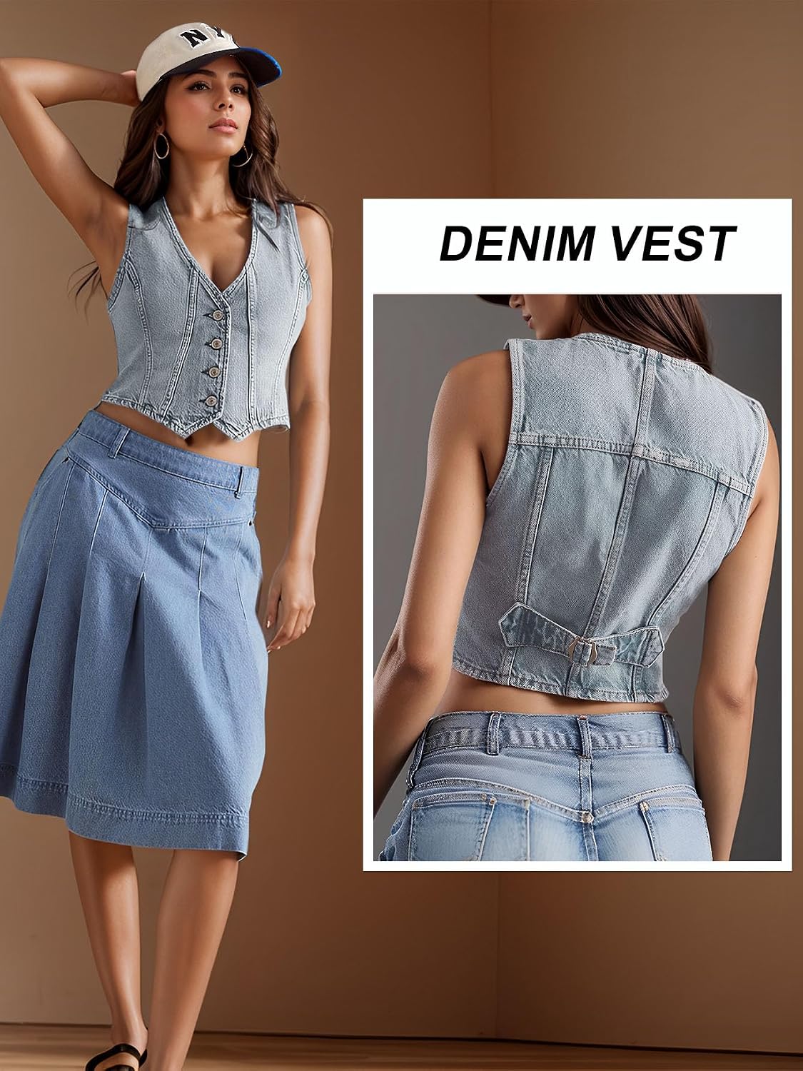 Women's Denim Vest Crop Jean Vest Tops Sleeveless V Neck Button Down Fitted Summer Western Country Denim Waistcoat