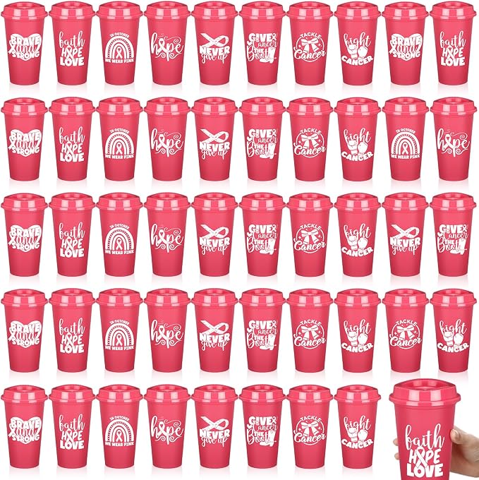 LemonRoad 24 Pcs Breast Cancer Awareness Plastic Tumblers with Lids 16oz Pink Ribbon Coffee Cups for Women Breast Cancer Survivor Gifts Party Event Supplies