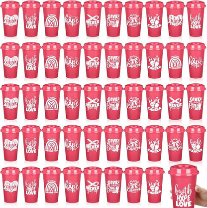 LemonRoad 24 Pcs Breast Cancer Awareness Plastic Tumblers with Lids 16oz Pink Ribbon Coffee Cups for Women Breast Cancer Survivor Gifts Party Event Supplies