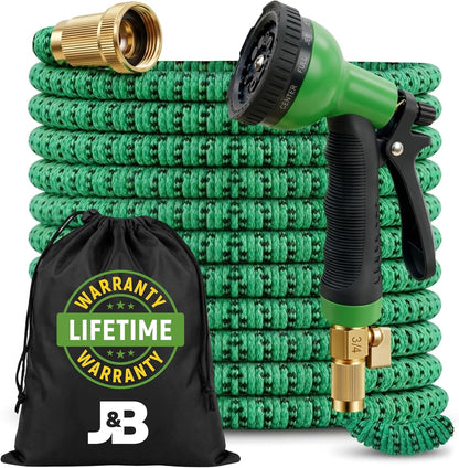 J&B XpandaHose 50ft Expandable Garden Hose with Holder - Heavy Duty Superior Strength 3750D - 4 -Layer Latex Core - Extra Strong Brass Connectors and 10 Spray Nozzle w/Storage Bag (Green 50)