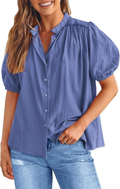 XXL PRETTYGARDEN Women's 2026 Summer Button Down Shirts Short Lantern Sleeve V Neck Cotton Cute Tops Dressy Casual Blouses