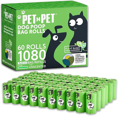 Pet N Pet 1080 Counts Green Poop Bags for Dogs, 38 Plant Based  62 PE Extra Thick Dog Poop Bags Rolls, 9" x 13", Unscented Pet Waste Bag