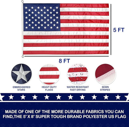 Super Tough 5ft x 8ft Knitted Polyester American Flag - USA-Made Heavy-Duty Wind-Resistant with Embroidered Stars and Sewn Stripes - Outdoor and Indoor Use - Durable Canvas Header & Grommets