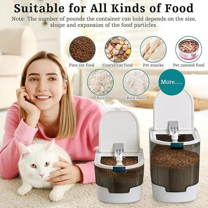 BNOSDM Cartoon Cat Food Storage Container 10-15 Lbs Dog Food Bin with Spring Lid and Cute Scoop, Plastic Pet Storage Container for Cat Dog Bird Dry Food (Blue)