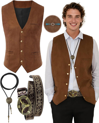 3 PCS Cowboy Outfit for Men, Western Cowboy Costume Vest, Men Cowboy Costume with Western Belt Necktie for Halloween Party