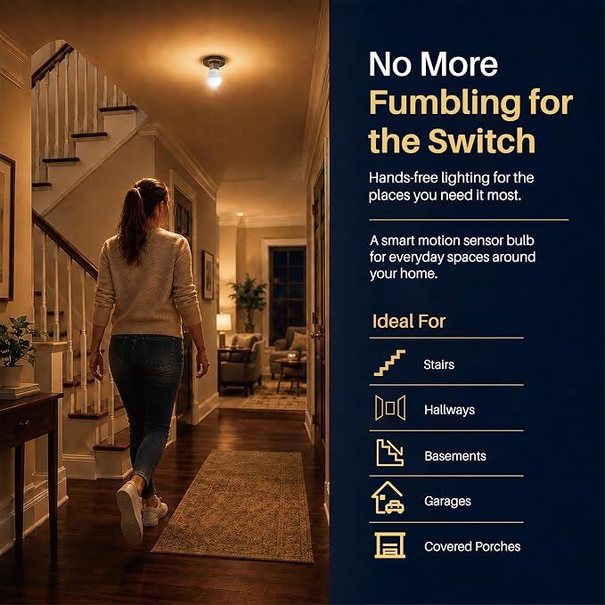 Motion Sensor LED Light Bulb 9W with E26 Base, PIR Motion-Activated in The Dark, Automatically ON/Off by Dual Sensors, 5 Color Temperatures Turnable, Pack of 2