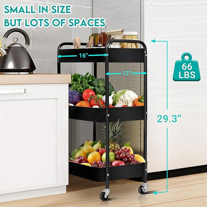 3 Tier Metal Rolling Cart on Wheels,Heavy Duty Utility Cart Sturdy 3 Tiered Rolling Storage Cart With Hooks, Great For Craft, Art Workspace, Kitchen ,Snack And Office Storage, Black