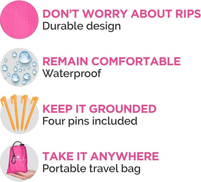 Sandless Beach Mat, Ground Blanket for the Park, Folds to Pocket Size: Take It Anywhere! Anti-Sand Waterproof Parachute Sheet for Concerts, Picnics and Festivals. Ultra Lightweight Tarp (Pink)