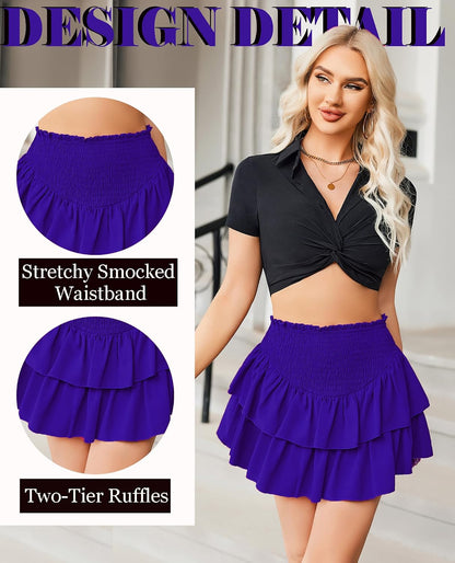 Avidlove Womens High Waist Ruffle Flowy Mini Skirts Casual Boho Layered Pleated Beach Short Skirt.