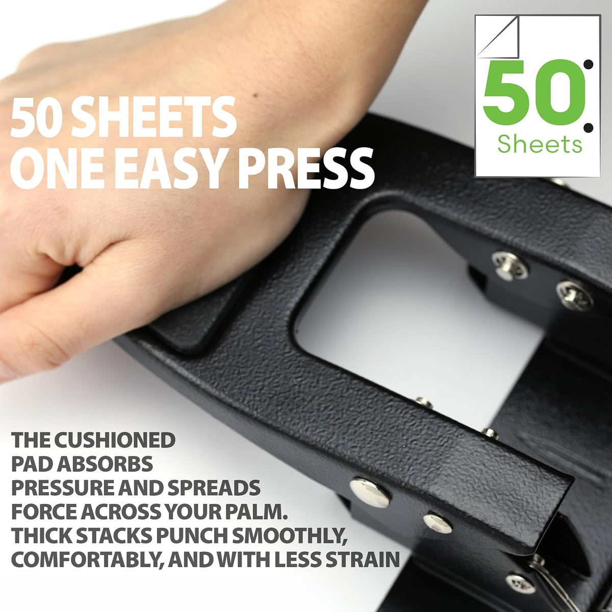 Heavy Duty 2-Hole Punch, Padded Handle, Black, 50-Sheet Capacity (prong fasteners missing)