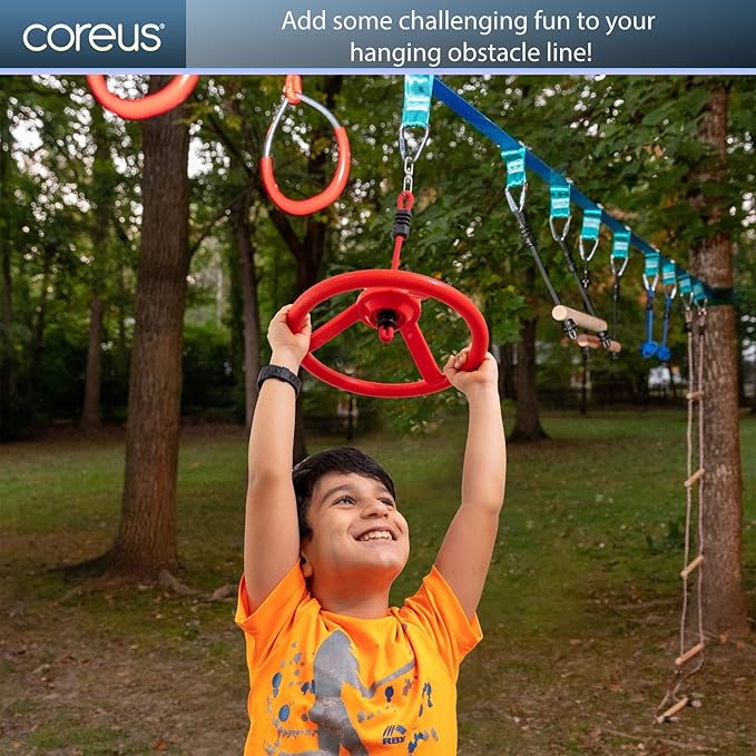 Ninja Kids Hanging Obstacle Course with Swivel Slackline Spinner Wheel Red