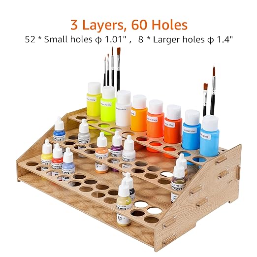 Basics Craft Paint  Brush Organizer Rack, Holds up to 60 Bottles (52 1-inch and 8 1.47-inch) and 22 brushes - 14 x 8 Inches, Wood Finish, Light brown, 14.1 x 9.6 x 4.3