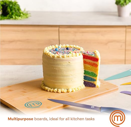 MasterChef Cutting Boards for Kitchen, Bamboo Chopping Board Set of 3, Organic Food Safe Surfaces for Preparing & Serving Meat, Cheese etc, Large, Medium & Small Wooden Boards with Color Coded Logos