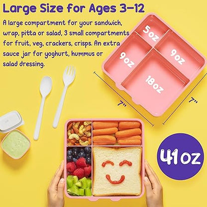 Fimibuke Bento Lunch Box for Kids, Leak Proof Toddler Bento Box with 4 Compartments BPA Free Dishwasher Safe Lunch Container with Utensils, Ideal Portion Sizes for Ages 3-12 Girls Boys for School