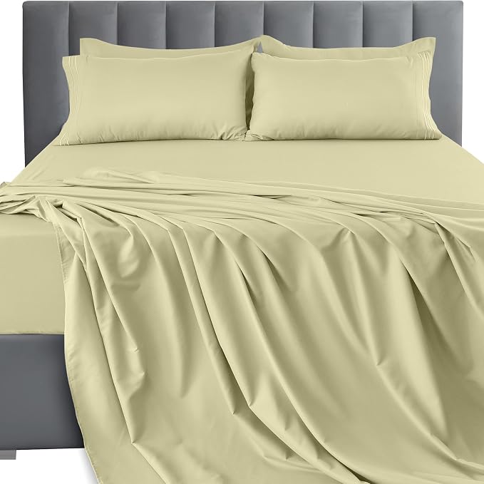 LUX Décor Queen Sheet Set - 4 Piece Ultra-Soft Microfiber Bed Sheets with Flat Sheet, 16 Inches Deep Pocket Fitted Sheet & Pillowcases, Cooling & Breathable, Hotel Luxury, Oeko-TEX - Beige