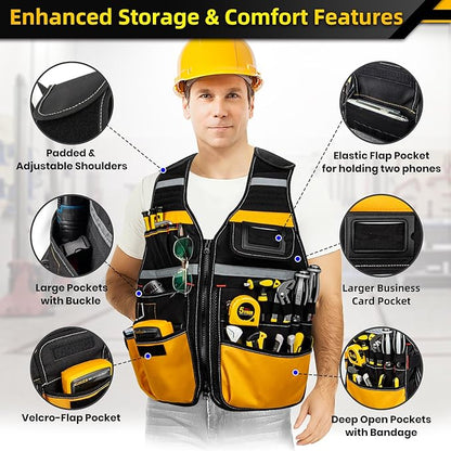 Tool Vest Electrician, Tool Vest for Men, Construction Tool Vest, 22 Pockets, Reflective Work Tool Vest for Men, Tool Vest for Carpenters, Adjustable Tool Vest, Tool Vest for Handyman