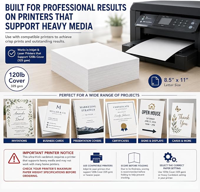 120lb Cover Thick Cardstock Paper - Plain Heavy Bright White Stock - 8.5" x 11" (50 Sheets)