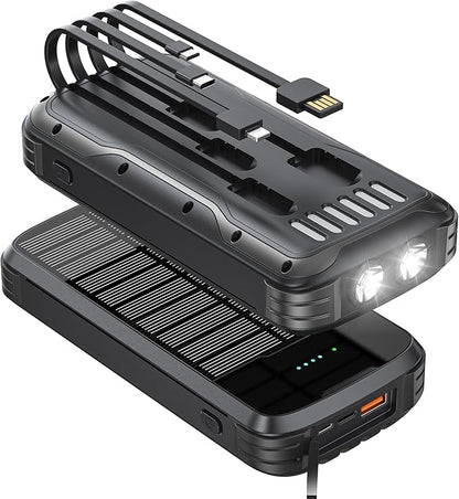 Solar-Power-Bank-Charger, 40000mAh Portable Phone Charger Built in 4 Cables with USB C inOutput, PD 20W Fast Charging External Batter, External Battery Pack with Dual Bright Flashlights