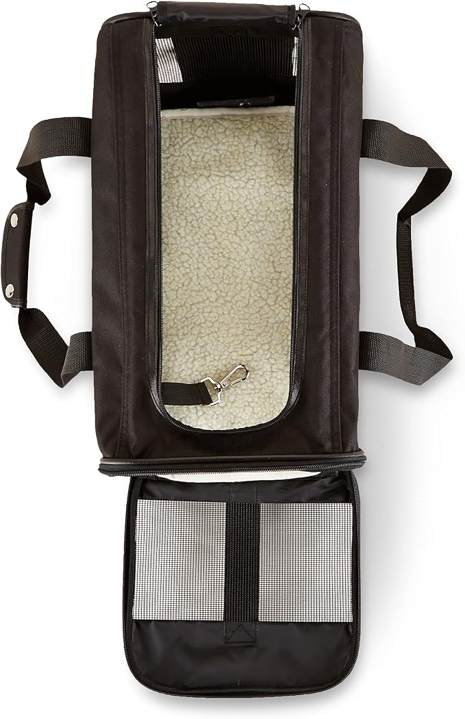 Basics Airline Approved Soft-Sided Mesh Pet Travel Carrier with Shoulder Strap, Portable, Washable Removable Fleece Pad for Dog, Cat, up to 16 pounds, 16.5" L x 10.6" W x 11" H, Black