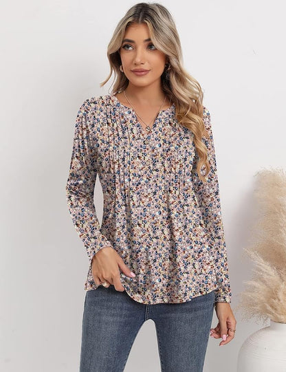 3/4 Sleeve Tops for Women V Neck Henley Long Sleeve Dressy Casual Shirts Ladies Loose Button-up Blouses Tunic