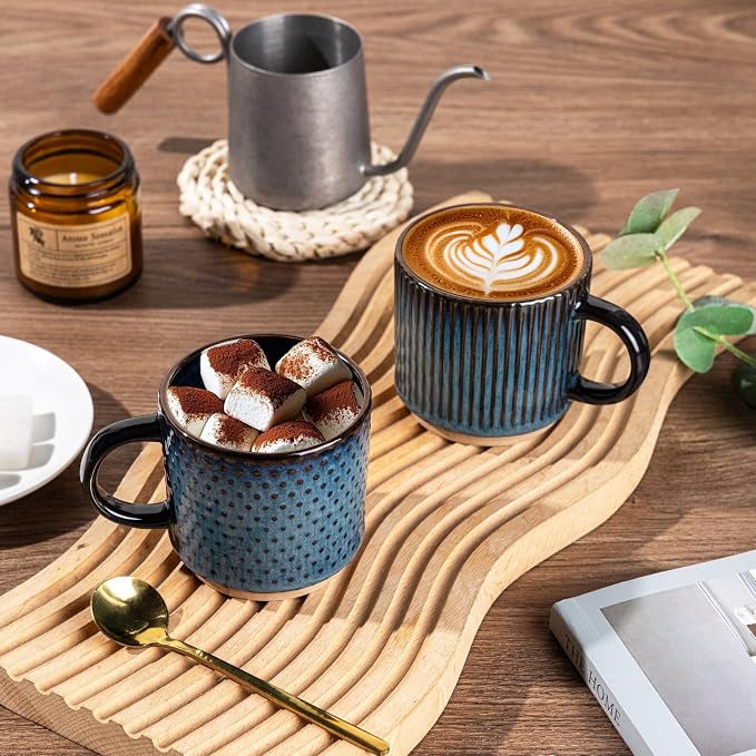 GBhome 6 OZ Stackable Coffee Mugs Set of 4, Ceramic Coffee Cups Set | 4 Assorted Designs, Embossed Mugs with Texture Patterns for Espresso/Tea, Dishwasher&Microwave Safe, Deep Sea