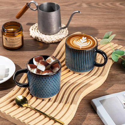 GBhome 6 OZ Stackable Coffee Mugs Set of 4, Ceramic Coffee Cups Set | 4 Assorted Designs, Embossed Mugs with Texture Patterns for Espresso/Tea, Dishwasher&Microwave Safe, Deep Sea