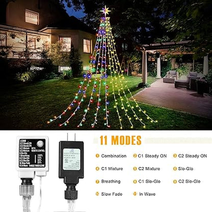 Christmas Decorations Star String Lights, 320 LEDs Outdoor Waterfall Tree Lights with 13" Topper Star, Plug in Waterproof Hanging Fairy Lights for Xmas New Year Holiday Party Yard Decor