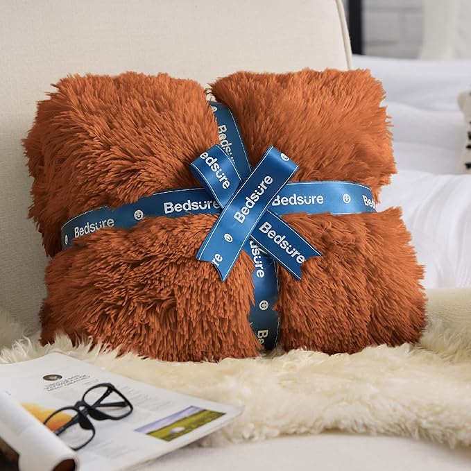 Bedsure Fluffy Burnt Orange Throw Blanket Gifts for Women, Men, Soft Fleece Cozy Fuzzy Sherpa Plush Warm Thick Faux Fur Throws for Couch, Fall Terracotta Orange Decor Valentines Blanket Gifts for Her